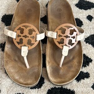 Tory Burch Cream and Brown Slide Sandals